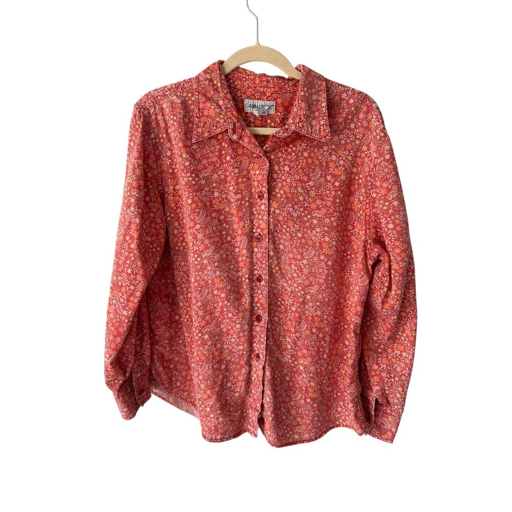 Cabin Creek Orange Floral Cottagecore Corduroy Button Up Top XL